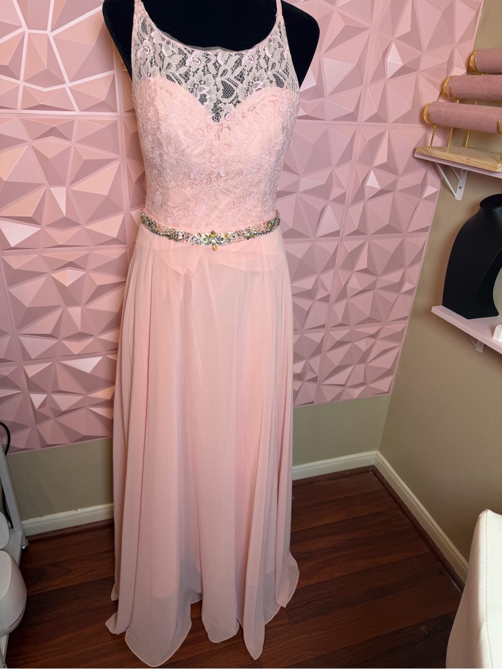 Sleeveless Pink Lace Bodice Maxi Dress with Embellished Waist